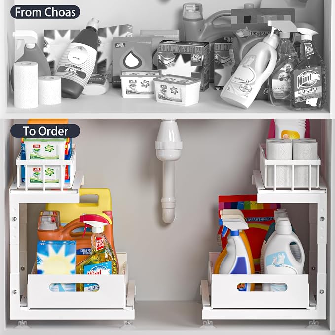 2-Pack L-Shaped Under Sink Organizer, 2-Tier Pull-out Cabinet Rack | White Height-Adjustable Metal Rack, Sliding Grid Drawers with Safety Stopper, Holds 100 Lbs, Ideal Kitchen Cabinet Storage