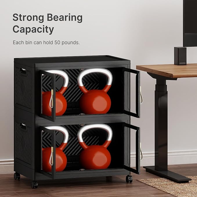 Stackable Storage Bins with Lids, 240QT Extra Large Storage Cabinet | Clear Doors, Foldable Storage Drawers, Heavy Duty, Collapsible Closet Organizers for Bedroom Office (2, Black, 120, Quarts)