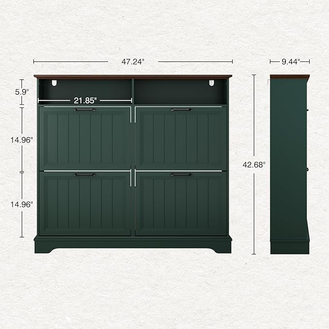 Hidden Shoe Storage Cabinet with 4 Flip Drawers & Open Storage | Farmhouse Modern Shoes Rack Cabinet,Adjustable Shelves ,Narrow Slim Shoe Organizer for Front Door Entrance, Entryway, Green