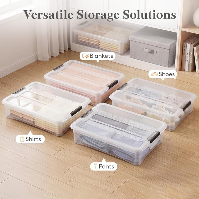 Lifewit 44Qt Storage Bins with Lids, Plastic Large Latches Boxes with Wheels, Clear Totes Tubs Container for Closet Organizers and Storage, Bedroom, Clothes, Craft, 4 Pcs