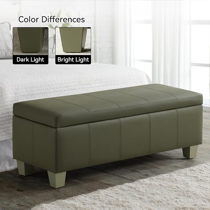 WUTUTUEE 51" Faux Leather Storage Ottoman, Stitch Tufted Rectangle Upholstered End of Bed Storage Bench, Entryway Large Couch Ottoman with Wooden Legs,Green