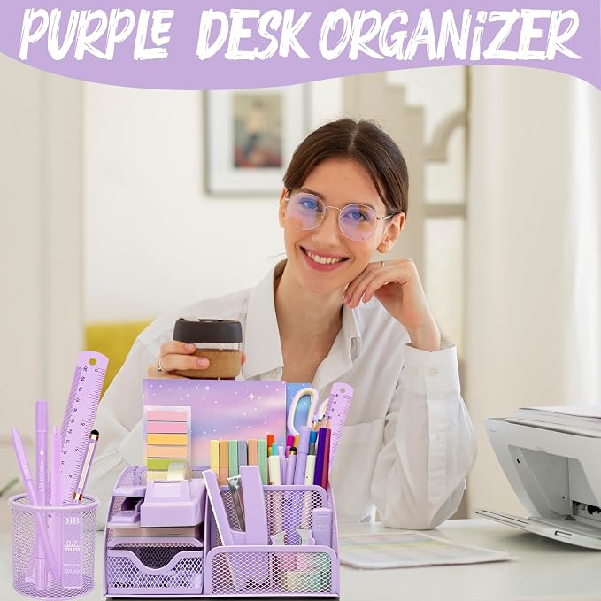 Purple Desk Accessories, 17Pcs Purple Office Supplies Set with Stapler, Mesh Desk Organizer, Tape Dispenser, Staple Remover, Pen Holder, Clips, Pens, Ruler, for Office Home School Women Students Gift