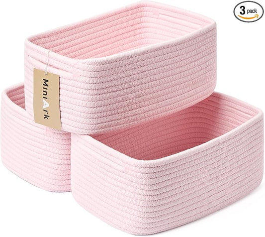 MiniArk Small Storage Baskets for Organizing | Closet Organizer Bins | Shelf Toy Basket | Woven Rope Baskets | Cube Decorative Box | Shallow Basket | 13x8.5x5.1” | 3 Packs Light Pink