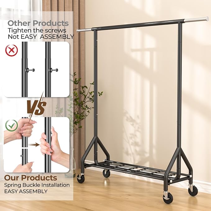 HYSEYY Heavy Duty Clothes Rack Load 450 LBS, Metal Garment Rack, Standing Rolling Clothing Rack for Hanging Clothes with Sturdy Wheels & Shelves, Portable Closet Wardrobe Rack,Black