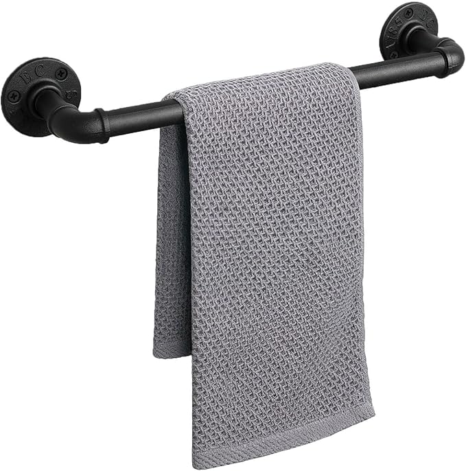 Industrial Pipe Towel Rack Towel Bar, Heavy Duty Wall Mounted Rustic Farmhouse Bath Towel Holder for Bathroom (Black, 16 inch)