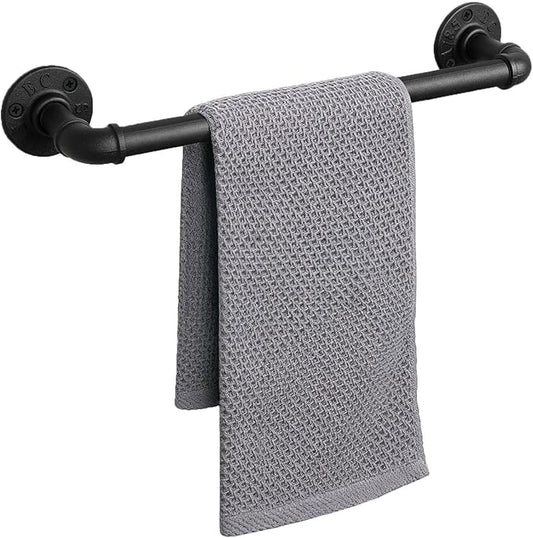 Industrial Pipe Towel Rack Towel Bar, Heavy Duty Wall Mounted Rustic Farmhouse Bath Towel Holder for Bathroom (Black, 16 inch)