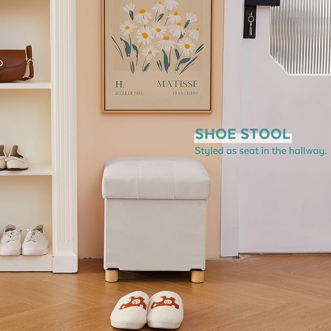 BRIAN & DANY 15" Small Ottoman with Storage Cube, Square Storage Ottoman Foot Stool with Wood Legs, Velvet Ottomans for Living Room, Bedroom, Dorm, White