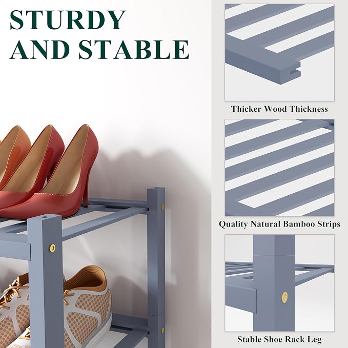 Smiry Bamboo Shoe Rack, 12 Vertical Slats, 5 Tier - 17.3" Wide, Grey | Stackable Free Standing Wooden Shoe Organizer, Wood Shoe Storage Shelf for Closet, Entryway