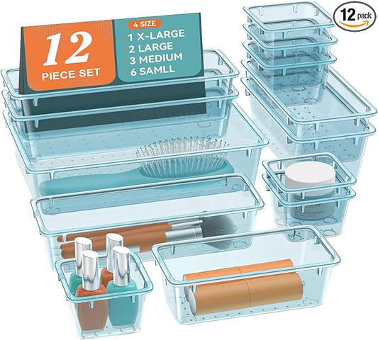 ElegantArray 12 PCS Drawer Organizer Set, Makeup Organizers, Sea Blue | 4 Sizes, Plastic, Stackable, Multiple Gadgets, Desk Drawer Divider Organizers, for Makeup, Office Supplies Storage
