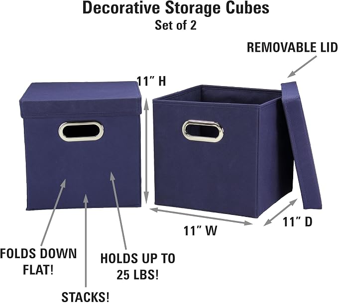 Household Essentials 33-1 Decorative Storage Cube Set with Removable Lids | Navy | 2-Pack