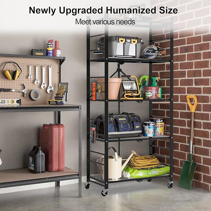 Himix Storage Shelves with 20 Hooks, 5-Tier Collapsible Organization Storage Rack Bookshelf Folding Pantry Shelves Cube Shelf Wire Shelving Holds 440 Ibs for Garage Kitchen Room, Black