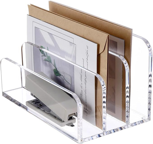 SANRUI Clear Mail Organizer Desk Sorter, Acrylic Letter File Holder 3-Slot | Laddered Office Document Mails Storage, Multifunction Letter Folder Racks Holders for Office,Home, School Desk Organization