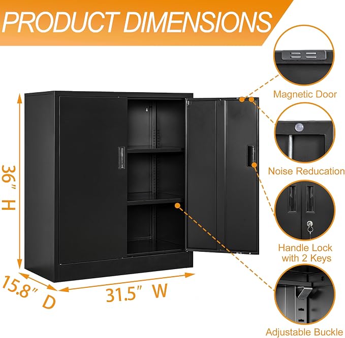 BESFUR Metal Garage Storage Cabinet with 2 Locking Doors and 2 Adjustable Shelves, 36" Black Metal Short Storage Cabinet for Home Office,Garage,School,Utility Room