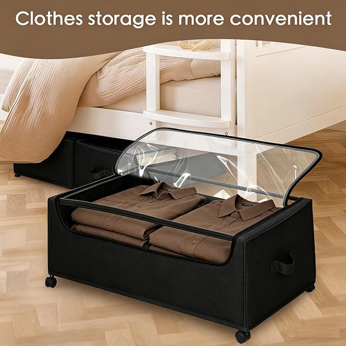 Under Bed Storage with Wheels, 2-Pack Under the Bed Storage Containers with Clear Lids & Label, Underbed Storage Bins, XXXL 85L 11 inches Rolling Metal Drawer for Clothes, Shoes, Toys, Books - Black