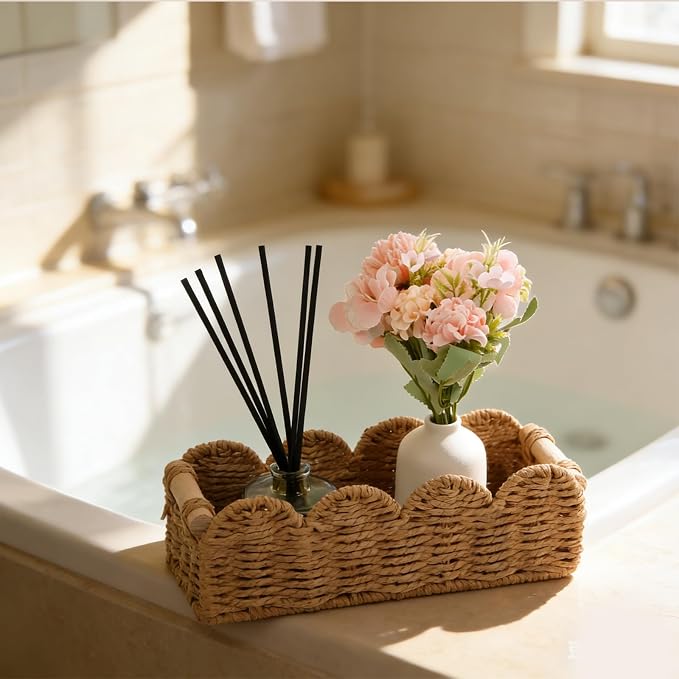 Paper Rope Storage Basket Set of 2 with Wooden Handles - Scalloped Toilet Paper Organizer, Cute & Functional Home Decor for Bathroom or Living Room (Beige)