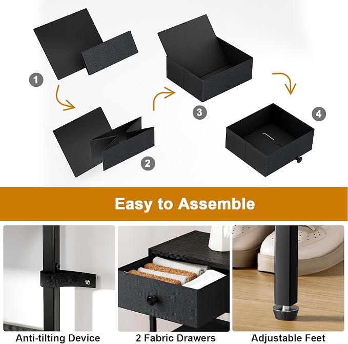 5 Tier Shoe Rack with 2 Drawers Black Grey | Holds 16-20 pairs. Fabric shelves prevent dust. Drawers for small items. 20-min assembly with clear guide.