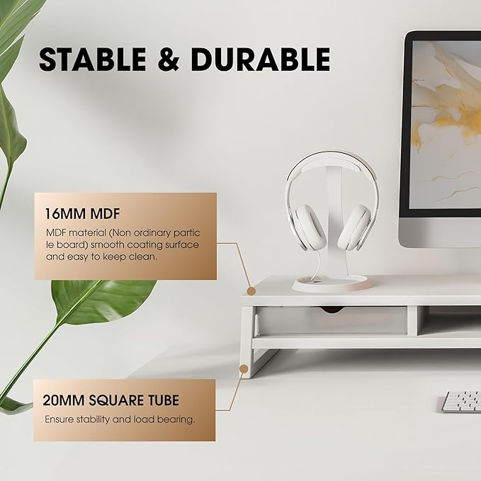 Fenge Dual Monitor Stand Riser, 42.5in Desk Shelf with 2 Drawers, White | 2-Tier Monitor Shelf for Desk, Storage Drawer with Stopper, Frosted, fit Home Office, Ultrawide Screen, PC, Laptop, TV