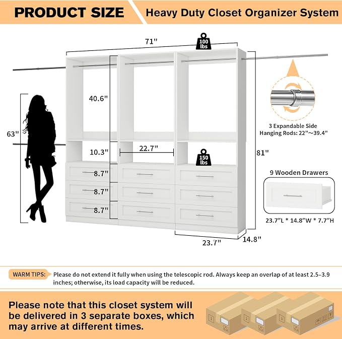 Closet System with 3 Sets, 6FT-15FT Customizable Closet Organizer System with 9 Drawers & 3 Shelves & 6 Hanging Rods, Modular L-Shaped Walk-in Closet or Freestanding Tower Closet Storage System, White