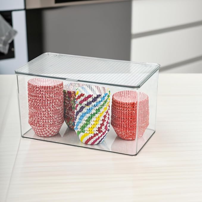 ZEXALOR Clear Plastic Storage Bin with Lid, Organizer for Pantry, Office, Bathroom, Kitchen, Snack, Tea Bag, Coffee Container (Large)