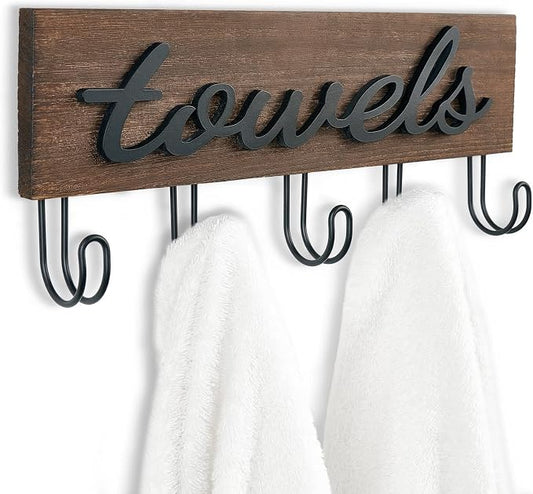 Mkono Wall Mounted Towel Rack, 5 Hooks Rustic Wood Bathroom Towel Hanger | Farmhouse Decor, Space Saving, Decorative Letter Design, Easy Install, Sturdy, Hang Bathrobe clothes, Shower Accessories