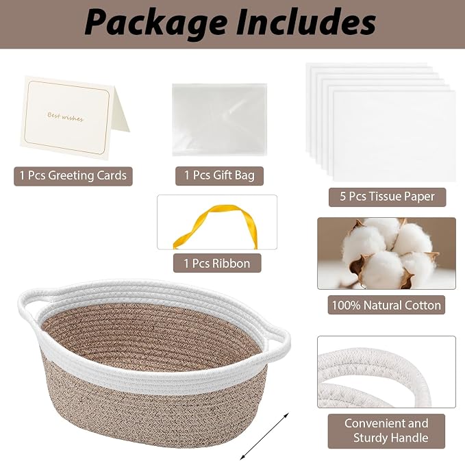 woric Small Woven Storage Basket Dog Toy Baskets for Gifts Empty | Cotton Rope Basket with Handle Graduation Decorative Baskets (Brown 12"X 8" X 5" with Gift Bag Card Ribbon Tissue Paper)