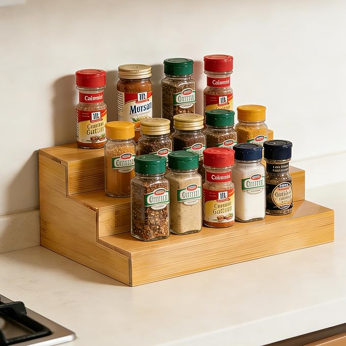 Spice Rack Organizer for Cabinet - 2PCS 11.8in Bamboo Spice Shelf | 3 Tier Seasoning Organizer for Countertop, Kitchen, Pantry - Apply to Standard Spice Jars, Vitamin Bottles, Sauce Cans