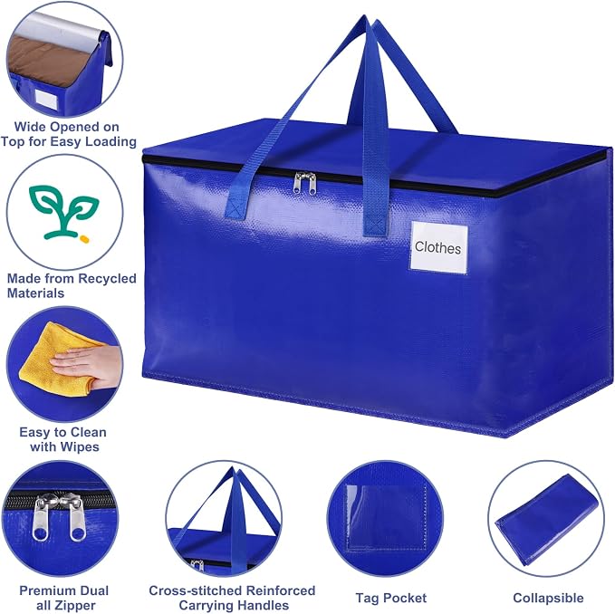 StorageRight Heavy Duty Moving Boxes-Moving Bags with Zipper, Reinforced Handles and Tag Pocket-Collapsible Moving Supplies-Totes for Storage Great for moving, Storage and Travel 93L(Blue-10 Pack)