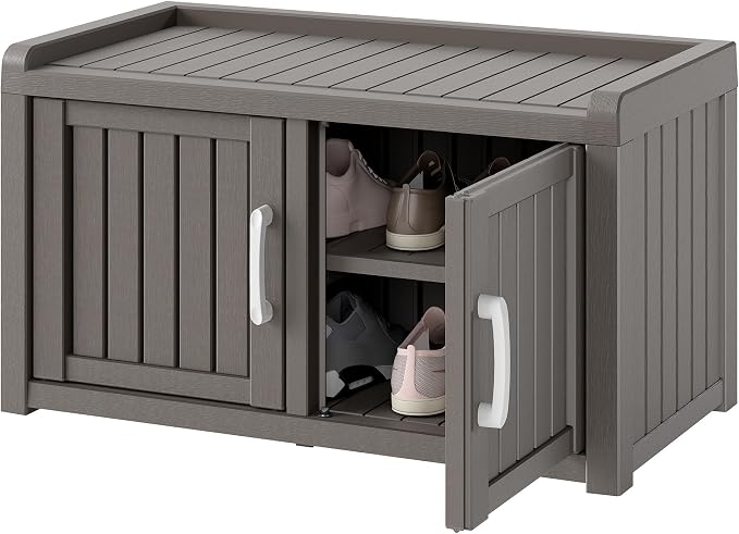Shoe Storage Cabinet Waterproof UV-Resistant, Entryway Storage Bench Indoor Outdoor with 2 Barn Doors, Adjustable Shelves for Entryway, Bedroom, Hallway,Living Room(Grey)