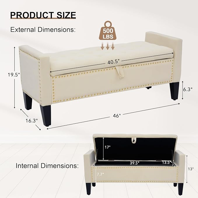Velvet Ottoman with Storage, 46'' Upholstered Button Tufted End of Bed Bench with Arms, Modern Storage Bench for Living Room, Bedroom, Entryway, Beige