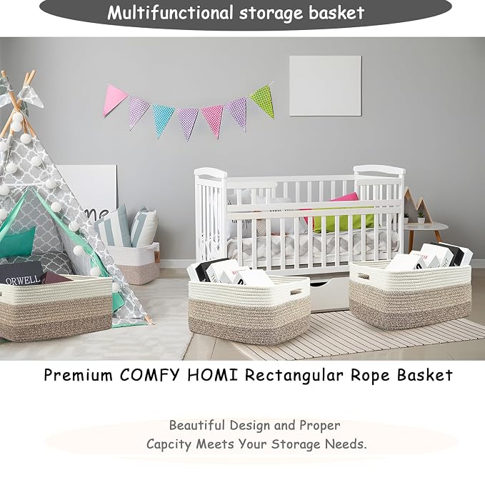 COMFY-HOMI Cotton Rope Woven Basket with Handles for Shelves,Toys,Book, Cloth Storage Baskets Bin for Organizing- 1 PCSToy Decorative Organizer for Living Room, Bathroom 17" x 13" x 7.5"
