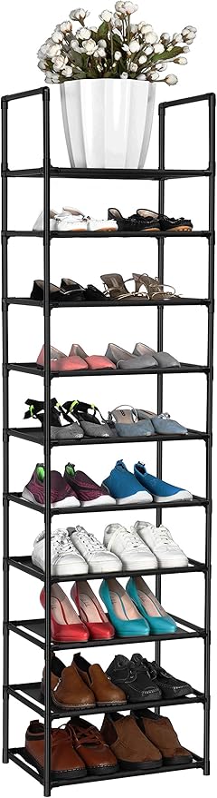 FIDUCIAL HOME 10 Tiers Shoe Rack Organizer 20 Pairs Tall Shoe Shelf | Tall Narrow Space Saving for Closet Entryway Dorm, Easy to Assemble, 17"L x 11"W x 68.8"H, Black