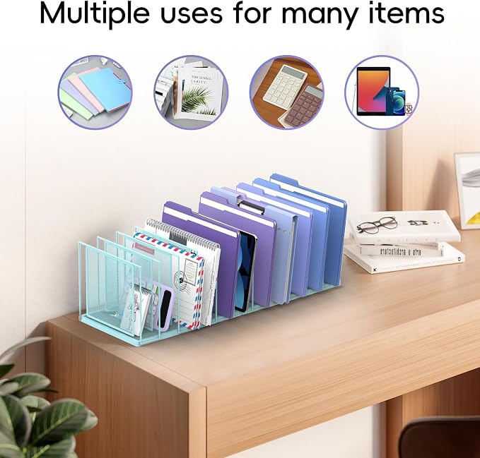 File Organizer for Desk, 11-Section Vertical File Sorter, Paper Holder Organizer Standing Metal File Folder for Office Home Classroom, Blue