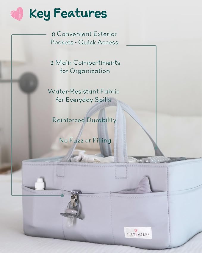 Diaper Caddy Organizer with 8 Pockets, Wipeable Baby Caddy Basket for Diapers and Wipes, Baby Registry Favorites, Nursery Tote Bag for Changing Table or Car (Heather Grey, Large)