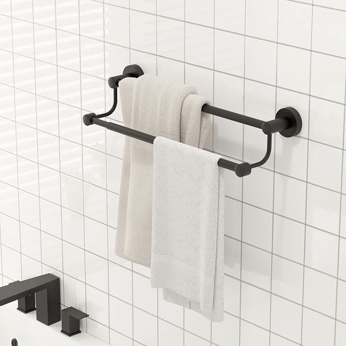 BESy Double Towel Bar Towel Rack for Bathroom Bath Wall Mounted Matte Black | Adjustable 16-26 In,Wall Mounted Towel Holder, Stainless Steel, Rustproof, Towel Bar Rod Hanger Hardware Accessories Hotel