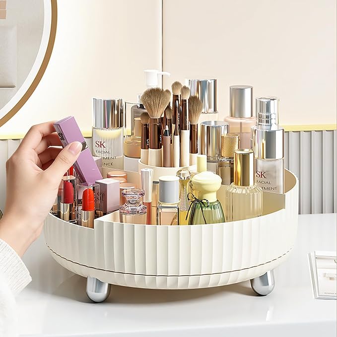 360 Rotating Makeup Perfume Organizer Skincare with Divider, Large Beige | 360 Degree Spinning Lazy Susan Organizer Lotion Cosmetics Storage for Dresser, Vanity, Bathroom Countertop