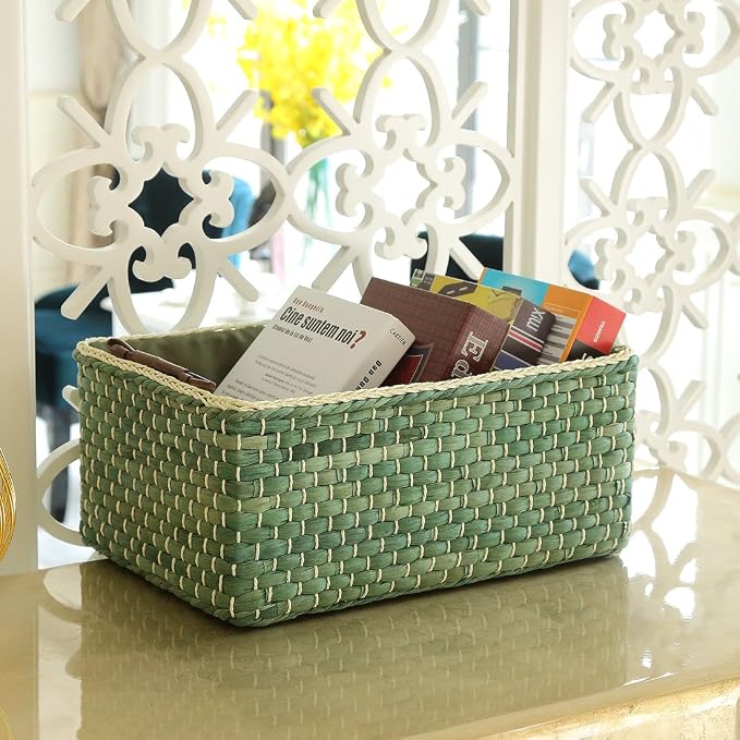 Basket Woven Maize Storage Bins for Drawers, Kingwillow(Green,Large)