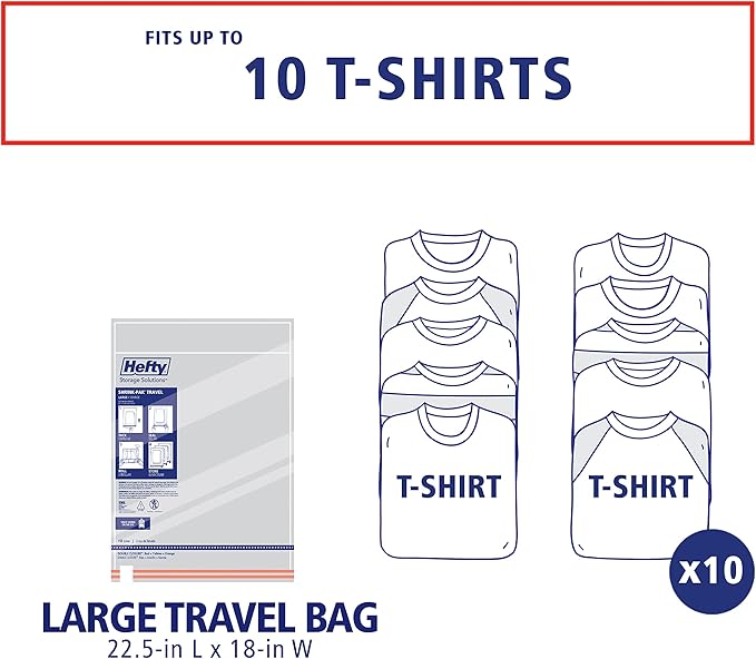 Hefty Shrink-Pak Large Travel Bags - Airtight Storage Bags for Maximum Space Saving, Travel Essentials, Ideal for Packing, Durable, Reliable Compression with Sealed Protection