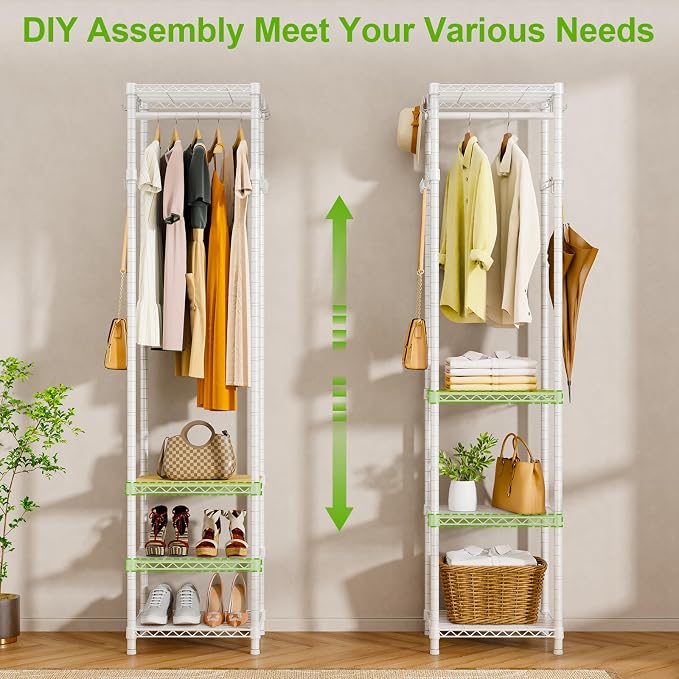 R1 Heavy Duty Clothes Rack with Storage Shelves, 448 Lbs Load, White | Heavy-duty freestanding clothes rack supports up to 448 lbs for hanging garments and daily supplies