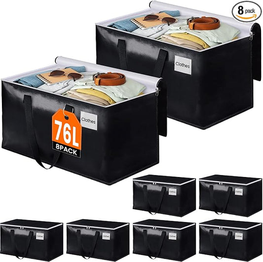 Heavy Duty Moving Bags, Extra Large Storage Bags, 76L, 8-Pack, Black | Foldable, with Zippers, Tag Pocket & Handles, Reusable, Space-saving, Water-Resistant, for moving & storage, Versatile Use