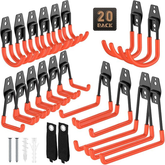 Heavy Duty Garage Hooks for Storage & Hanging Items, 20-Pack | for Hanging Bikes, Hoses, Ladders, Ropes, Garden Tools; for Garage, Warehouse, Yard, Shed