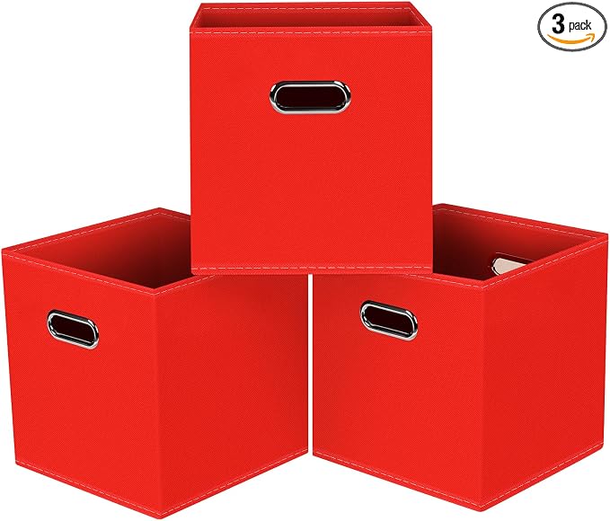 Black Foldable Storage Cubes Bins, Fabric Storage Box Cubes Organizer Baskets with Dual Handles for Home Organizer,Set of 3,(Red)