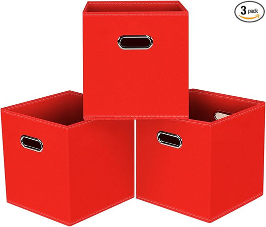 Black Foldable Storage Cubes Bins, Fabric Storage Box Cubes Organizer Baskets with Dual Handles for Home Organizer,Set of 3,(Red)