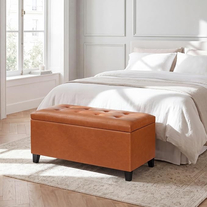 Storage Ottoman Bench, 33" Faux Leather Upholstered End of Bed Bench with Safety Hinge,Wooden Legs,for Entryway Bedroom Living Room