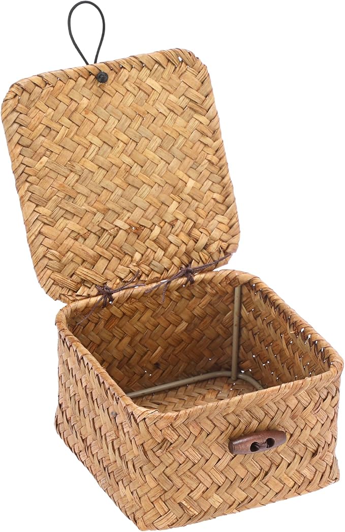 Hipiwe Handwoven Seagrass Basket Decorative Shelf Basket with Lid Mini Square Wicker Storage Box, Caramel Color, 4.7" x 4.7" x 3"