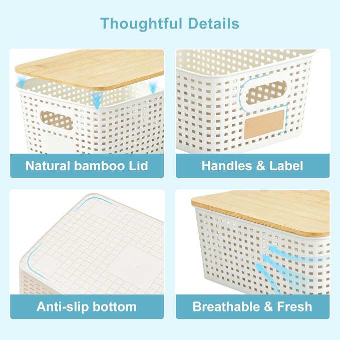 Bagnizer Small Plastic Storage Bins with Bamboo Lids 5.2qt Stackable Box Basket Pantry Decorative Containers Cute with Labels for Organizing Desktop Closet Office Cream White of 6 packs 10*7.2*4.1"