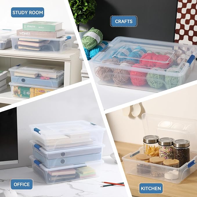 novelinks 10 Quart Clear Plastic Storage Containers with Lids (4 Pack) | Storage Bins with Lids, Stackable Small Clear Bins, Craft Storage Box, Paper Storage, Under Bed Storage Bins, Pencil Box