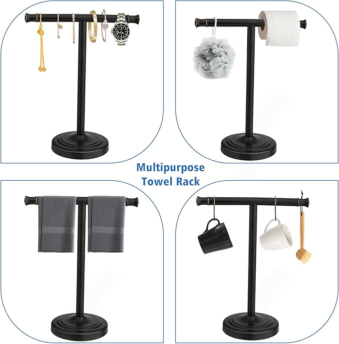 RUMOSE Oil Rubbed Bronze Hand Towel Holder Stand Countertop Towel Rack | 13 Inch Bathroom Kitchen Vanity T-Shape Towel Stand Free Standing Stainless Steel Towel Bar Towel Ring