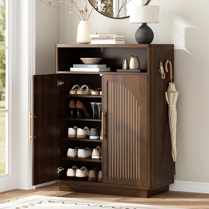 Fluted Shoe Storage Cabinet with 2 Arch Doors, 43" Tall Wood Cabinet | 6-Tier Large Shoe Rack w/Adjustable Shelves, Mid Century Modern Hidden Shoes Organizer for Hallway, Entryway, Fits Size 13