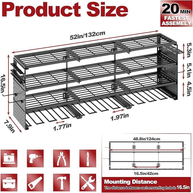 52" Metal Power Tool Organizer Wall Mount,4 Tier,Black | Heavy-Duty Metal,480 LBS Capacity,12 Cordless Drill Holders,Adjustable Hooks,Tool Shelf for Garage Workshop Shed,Pegboard