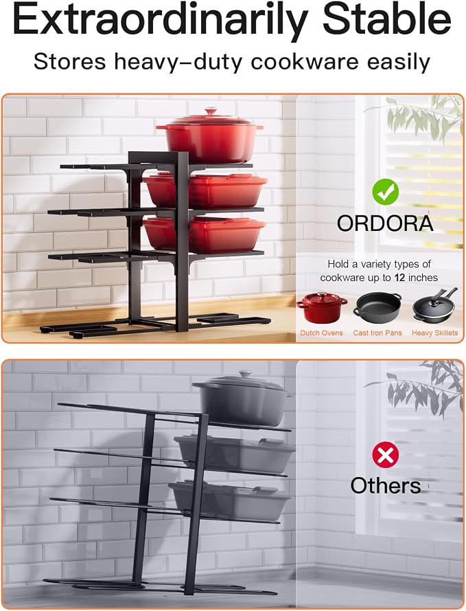 Pots and Pans Organizer Under Cabinet 15.8", 8-Tier Adjustable Black | 2 DIY Modes, Tool-Free Assembly, Max 120 Lbs, Fits Cast Iron Pans, Dutch Ovens & Heavy Cookware, For Kitchen Cabinets